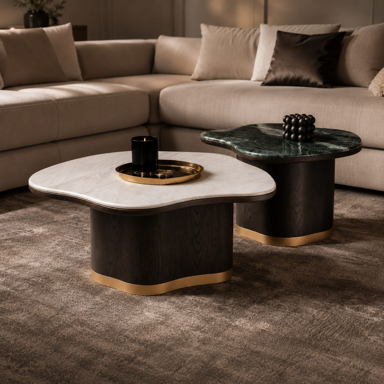 Westfield Nuvola – Organische Salontafelset Wit & Groen Marmer | Design Salontafel