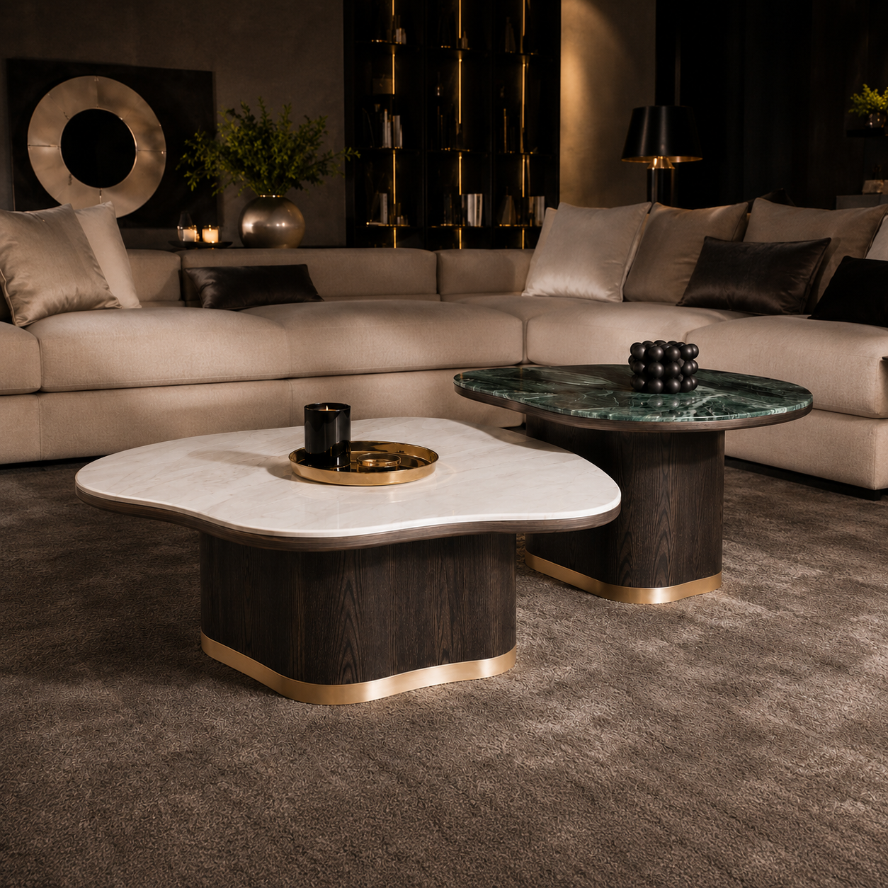 Westfield Nuvola – Organische Salontafelset Wit & Groen Marmer | Design Salontafel
